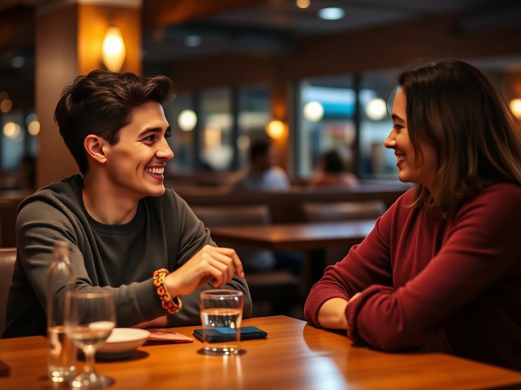 A couple laughing at a restaurant using TalkPlz