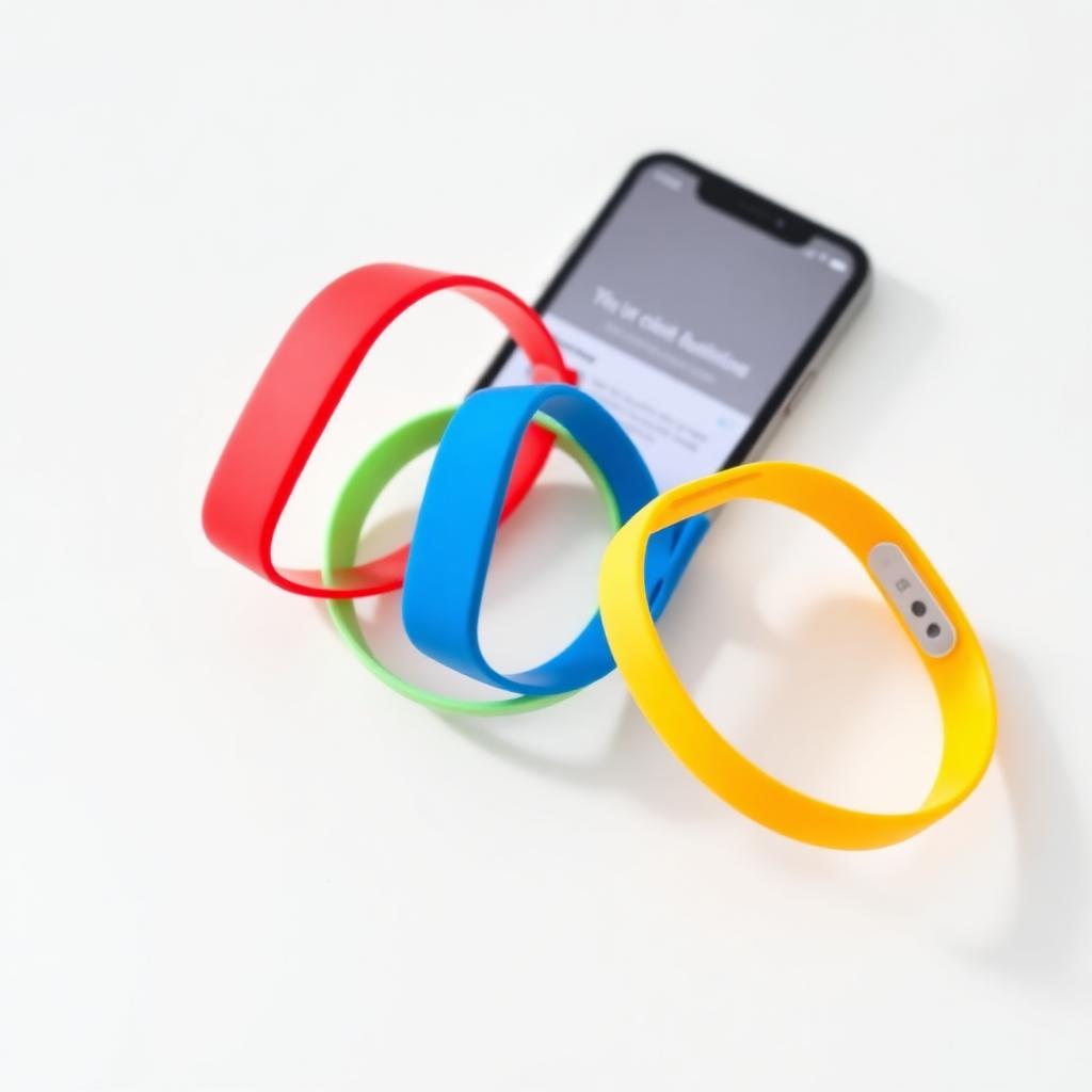Colorful TalkPlz NFC bracelets next to a phone